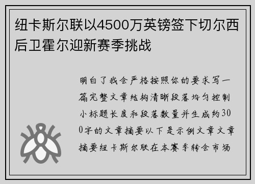 纽卡斯尔联以4500万英镑签下切尔西后卫霍尔迎新赛季挑战