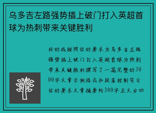 乌多吉左路强势插上破门打入英超首球为热刺带来关键胜利